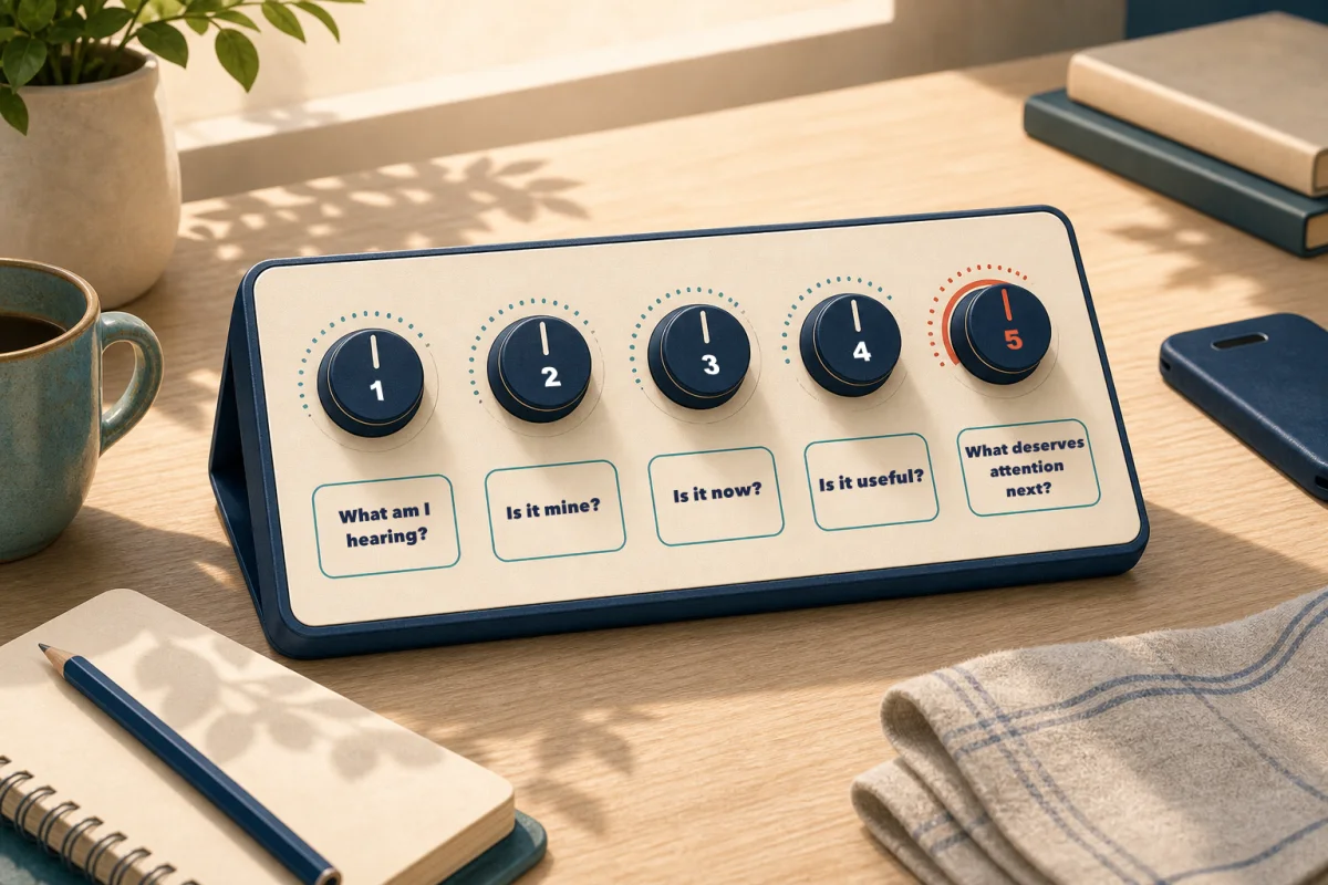 The Volume Check shown as five dials: What am I hearing? Is it mine? Is it now? Is it useful? What deserves attention next?