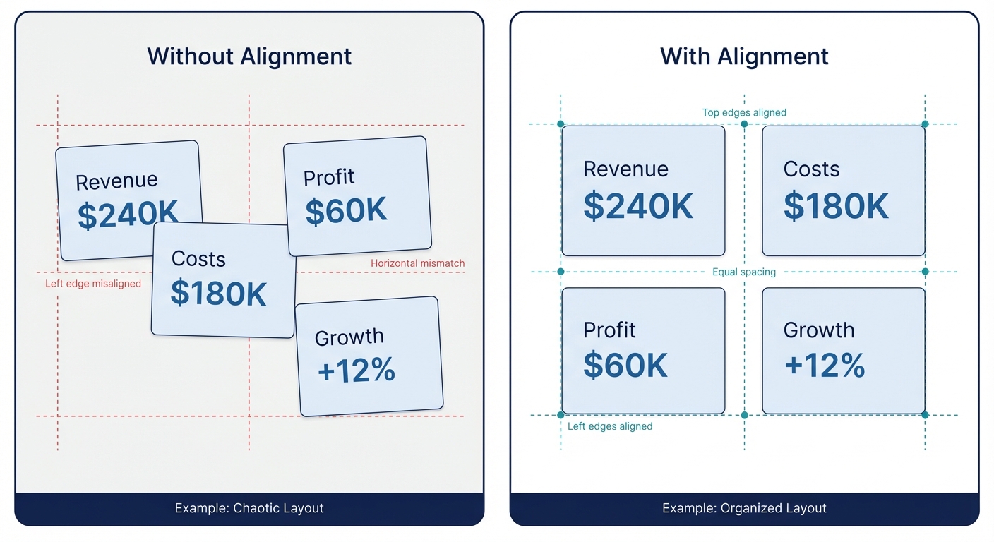 Before and after example of the alignment principle, scattered metric cards versus a clean aligned grid