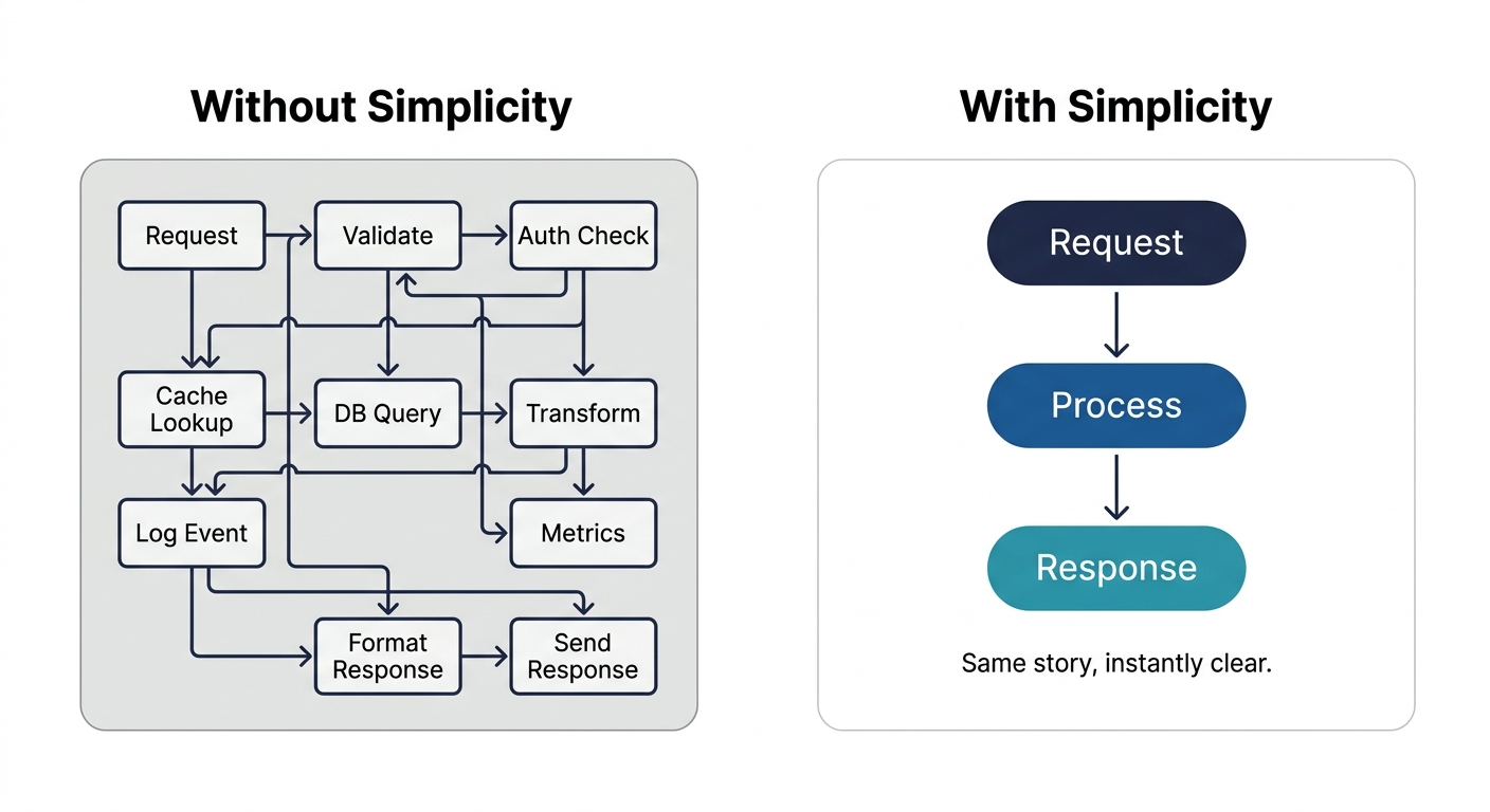Before and after example of the simplicity principle, cluttered flowchart versus clean three-step flow